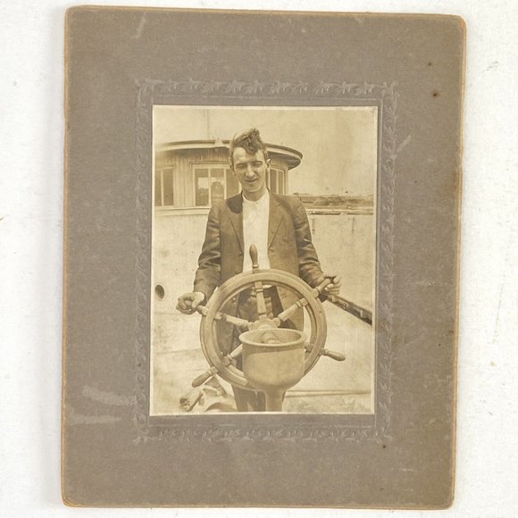 c1900 Cabinet Card Young Man At Ships Wheel Sepia Gel Silver Photograph 4x5in - Picture 2 of 5